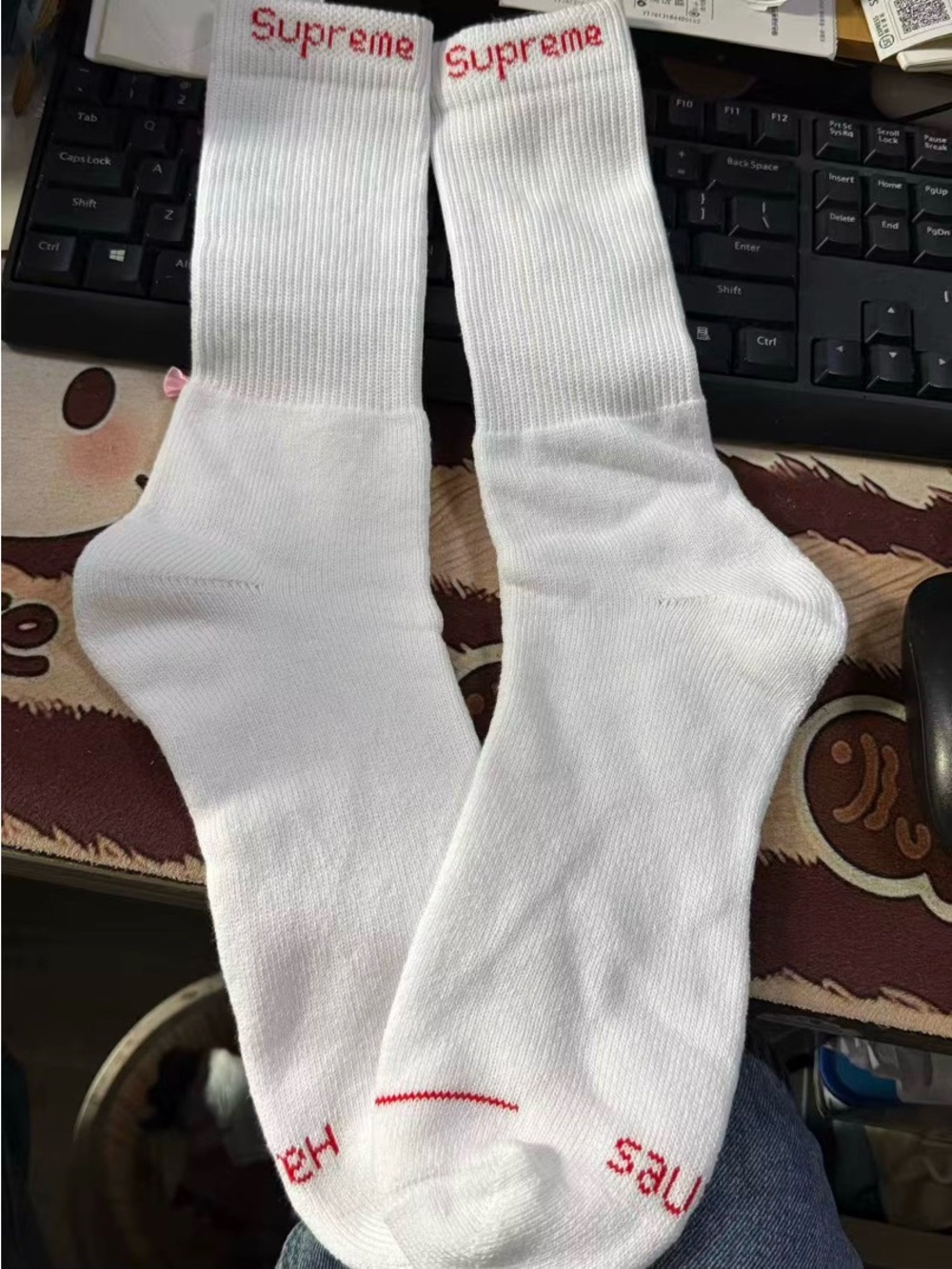 Supreme White Crew Socks with Red Logo Trim